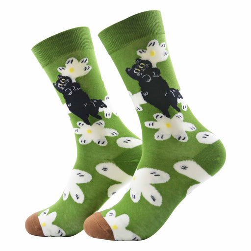 Calcetin algodon largo gato negro fondo  verde 333