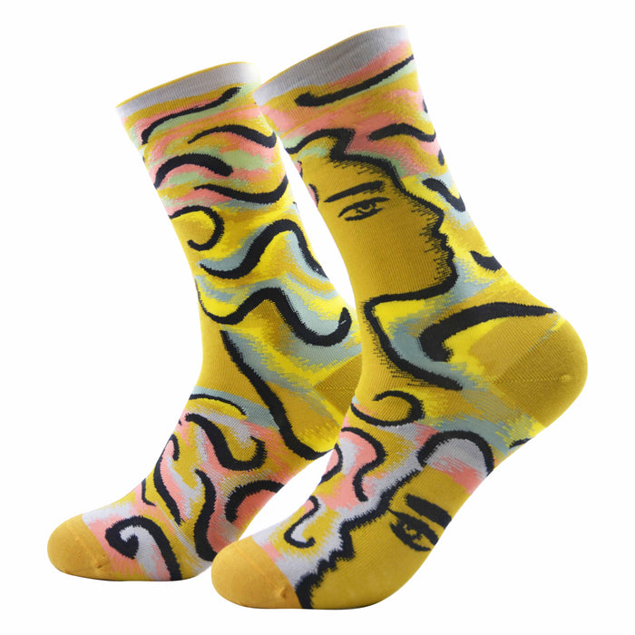 Calcetin algodon largo ondas negras fondo amarillo 342