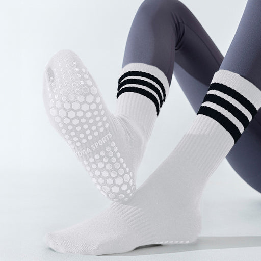 Calcetin algodon largo yoga mujer 3 rayas blanco 4092-3