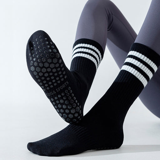 Calcetin algodon largo yoga mujer 3 rayas negro 4092-1