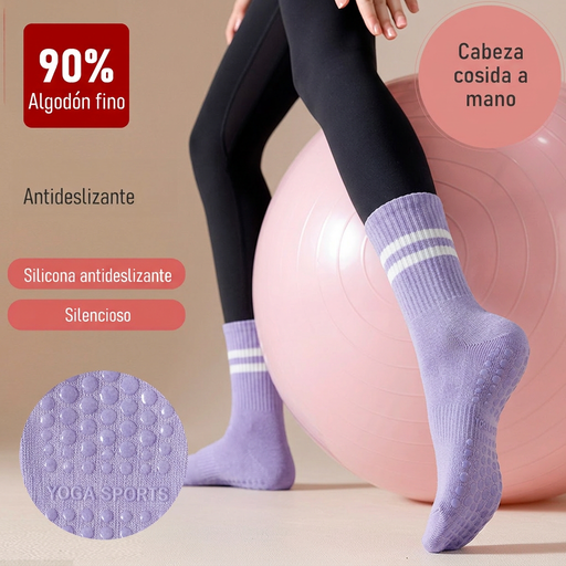 Calcetines yoga largos silicon antideslizante morado doble raya 3928-2