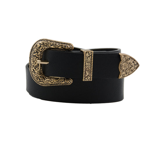 Cinturon liso negro sintetico hebilla texturizada dorada 3139-2