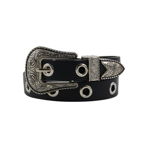 Cinturon tacha negro sintetico hebilla vaquera plateada 3977-1