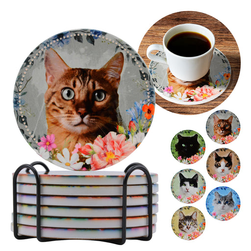 Posavasos set ceramica floral caras gatos 3369