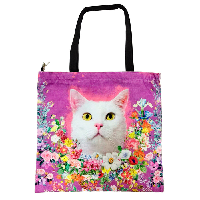 Portada gato blanco floral Bolso lona cuadrado 3896