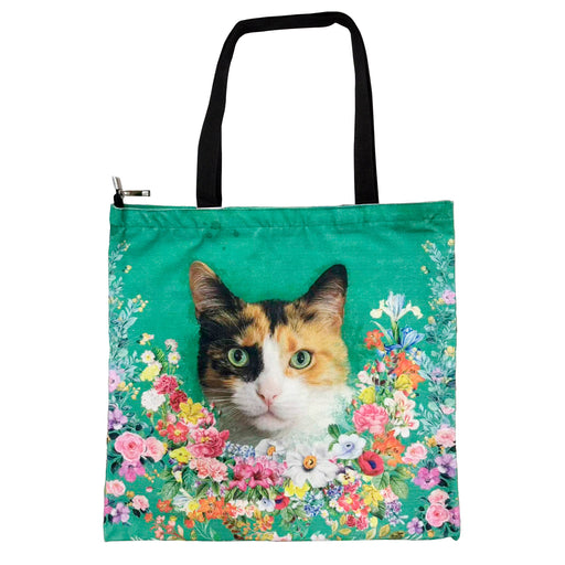 Portada gato calico floral Bolso lona cuadrado 3899