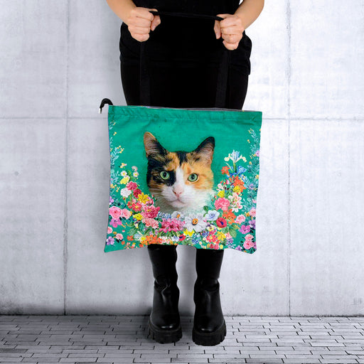 Portada gato calico floral Bolso lona cuadrado 3899