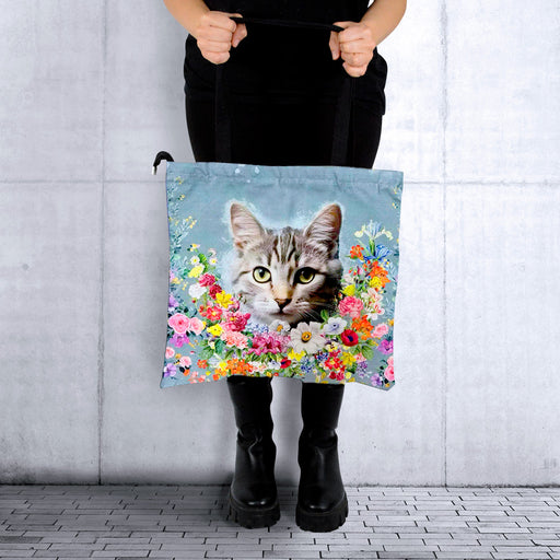 Portada gato gris Bolso lona cuadrado floral 3894