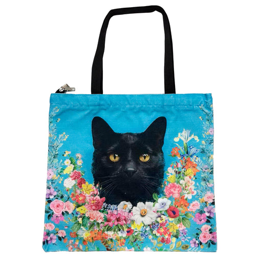 Portada gato negro floral Bolso lona cuadrado 3895