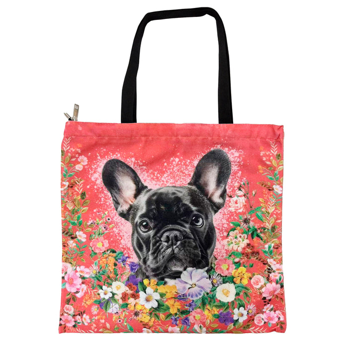 Portada perro bulldog frances floral Bolso lona cuadrado 3900