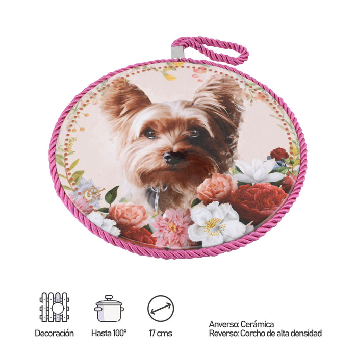 Posaolla ceramica corcho colgante perro yorkshire beige jardin 3372-6