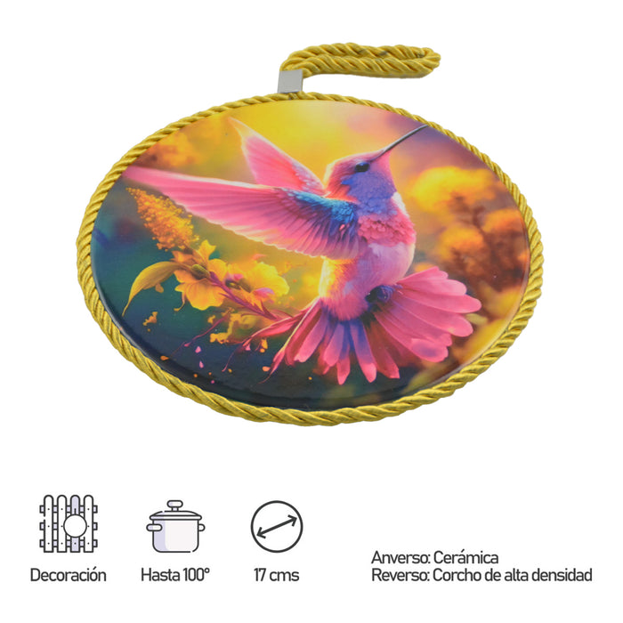 Posaolla colgante corcho ceramica Colibri amarillo 3994-5
