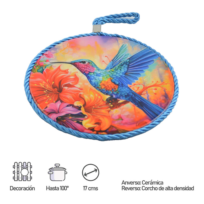 Posaolla colgante corcho ceramica Colibri azul 3994-3