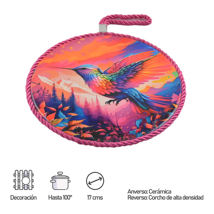 Posaolla colgante corcho ceramica Colibri fucsia 3994-4