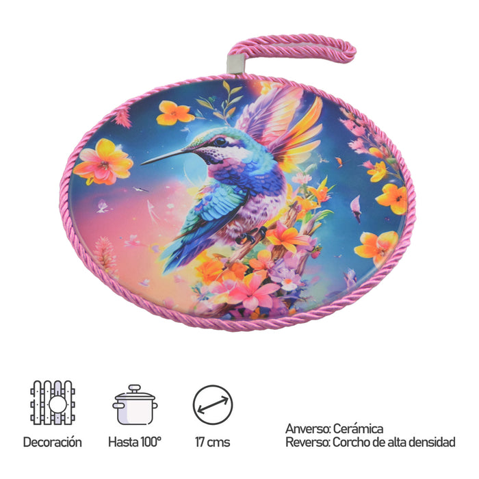 Posaolla colgante corcho ceramica Colibri rosado 3994-2