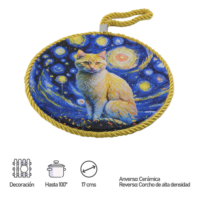 Posaolla gato amarillo noche estrellada van gogh colgante corcho ceramica 3966-2