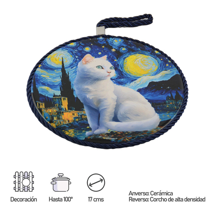 Posaolla gato blanco noche estrellada van gogh colgante corcho ceramica 3966-1