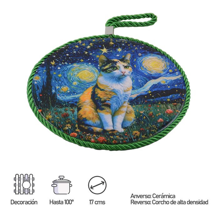 Posaolla gato calico noche estrellada van gogh colgante corcho ceramica 3966-4