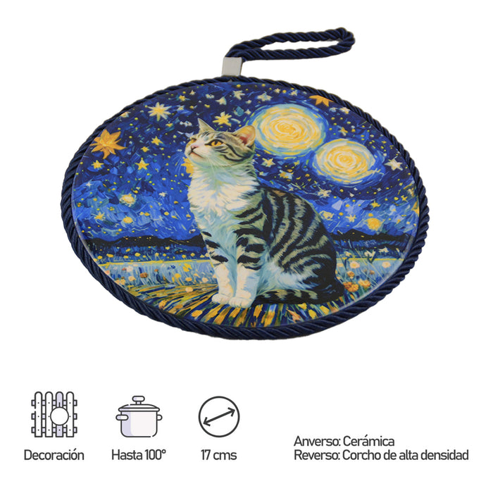 Posaolla gato calico noche estrellada van gogh colgante corcho ceramica 3966-5