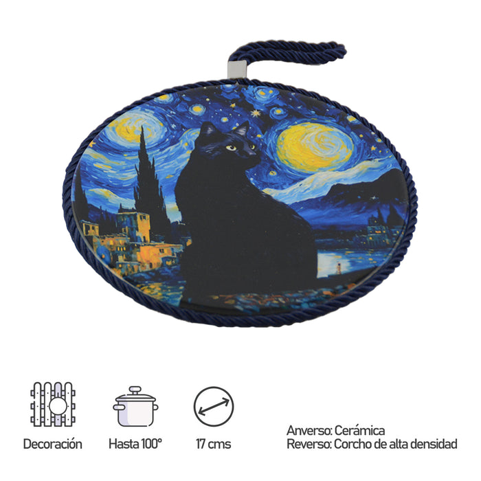 Posaolla gato negro noche estrellada van gogh colgante corcho ceramica 3965-1