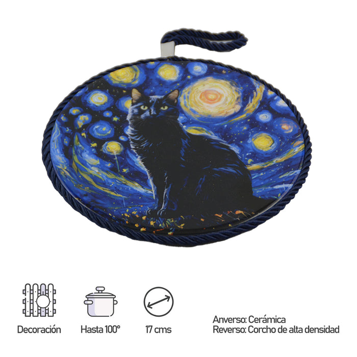 Posaolla gato negro noche estrellada van gogh colgante corcho ceramica 3965-2