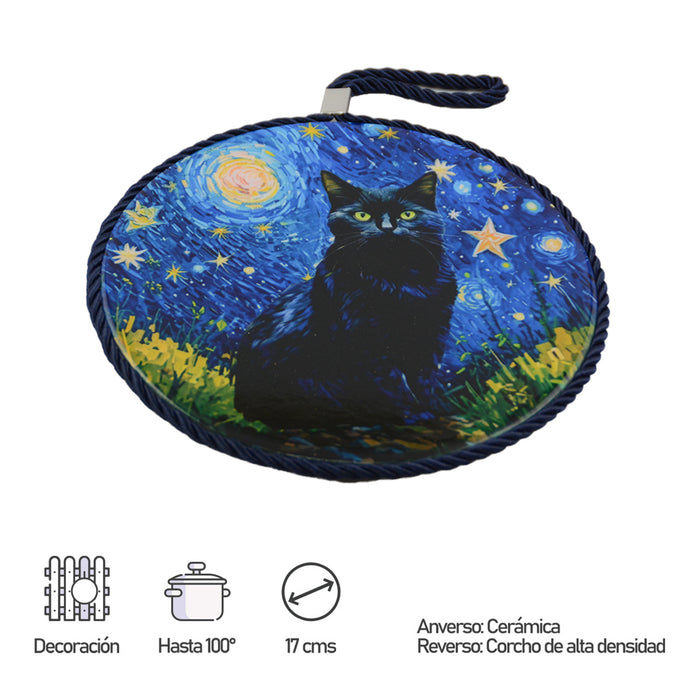 Posaolla gato negro noche estrellada van gogh colgante corcho ceramica 3965-3