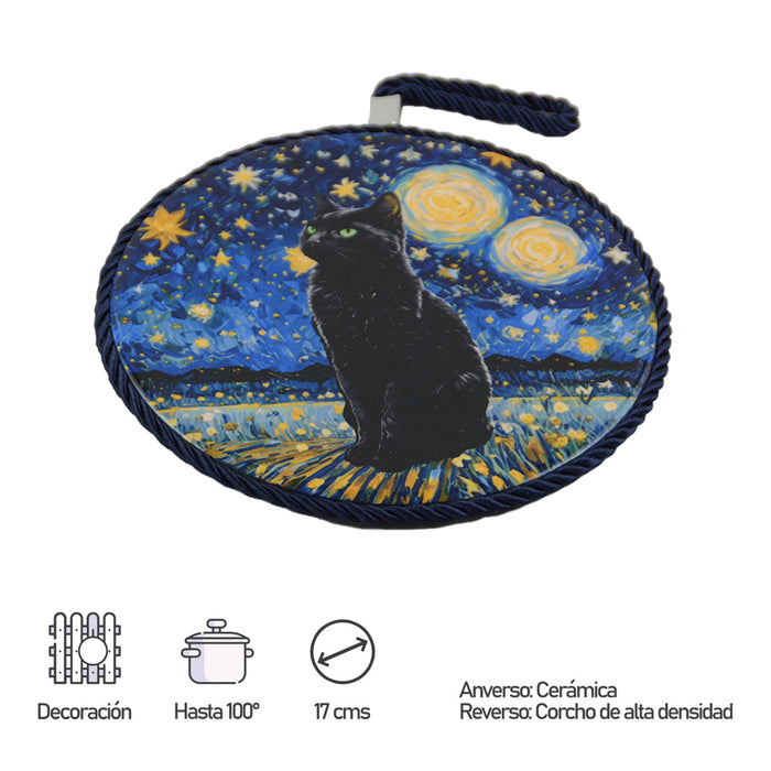 Posaolla gato negro noche estrellada van gogh colgante corcho ceramica 3965-5