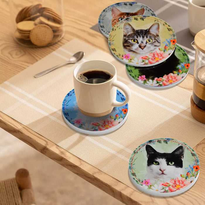 Posavasos set ceramica floral caras gatos 3369