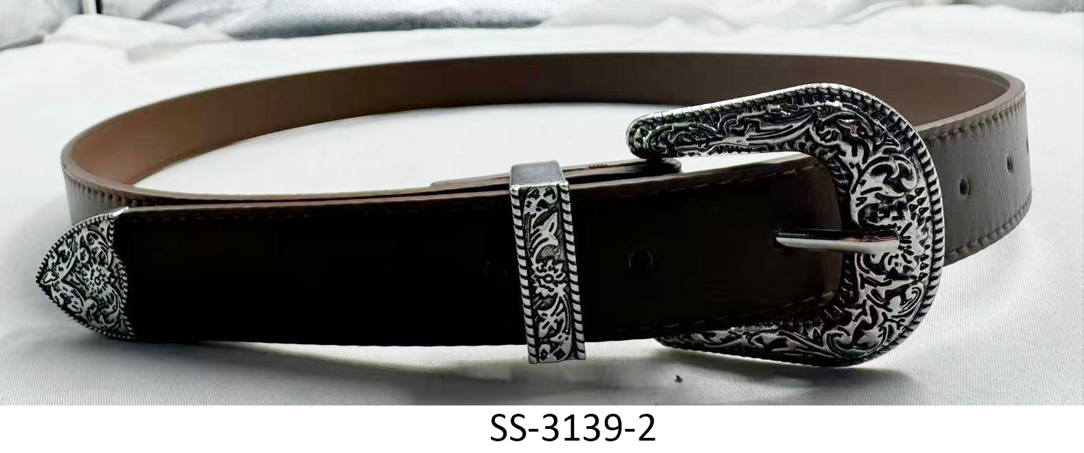 Cinturón Mujer Café Hebilla Texturada Plateado