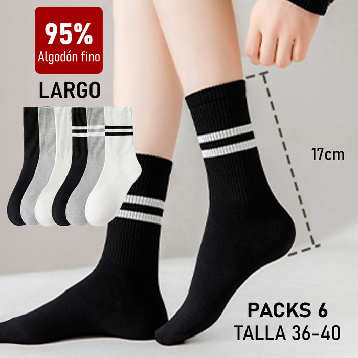 Pack 6 Calcetines Algodón Largos Lisos y Rayas Talla 36-40