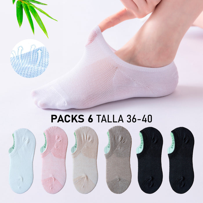 Pack 6 Calcetines Malla Transpirable Invisible Lisos de Bambú Talla 36-40