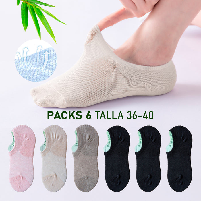 Pack 6 Calcetines Malla Transpirable Invisible Lisos de Bambú Talla 36-40