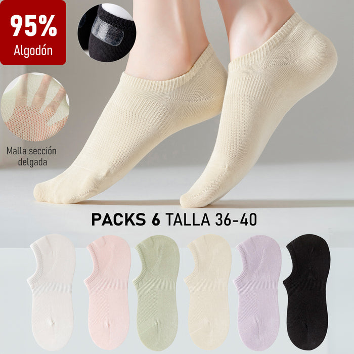 Pack 6 Calcetines Malla Transpirable Invisible Lisos Algodón Talla 36-40