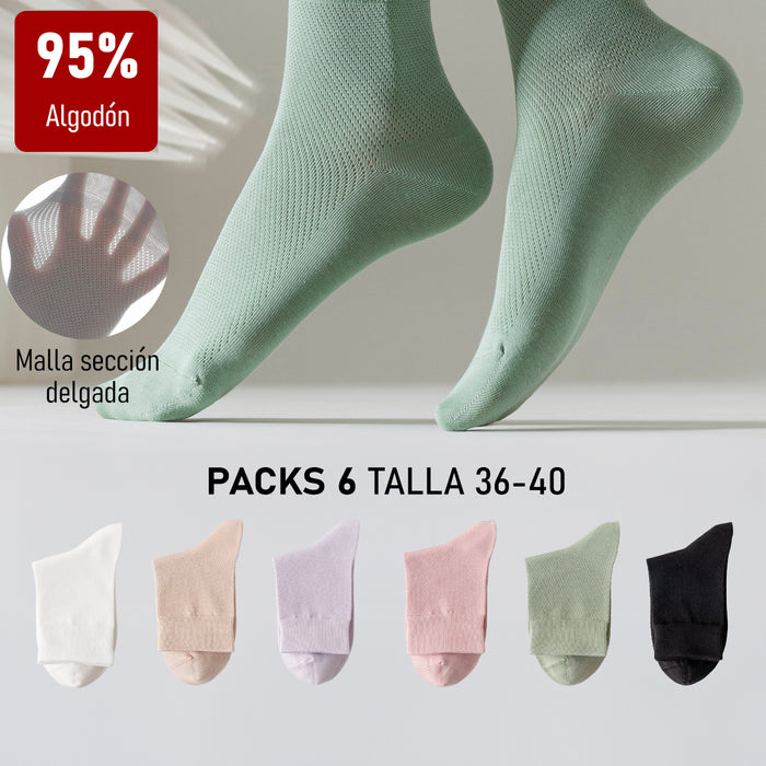 Pack 6 Calcetines Malla Transpirable Algodón Largos Lisos Talla 36-40