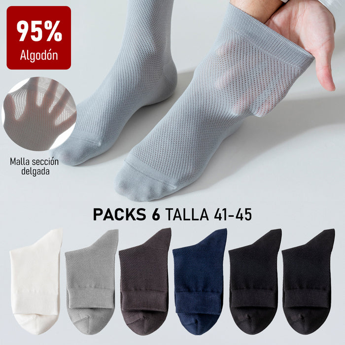 Pack 6 Calcetines Malla Transpirable Algodón Largos Lisos Talla 41-45