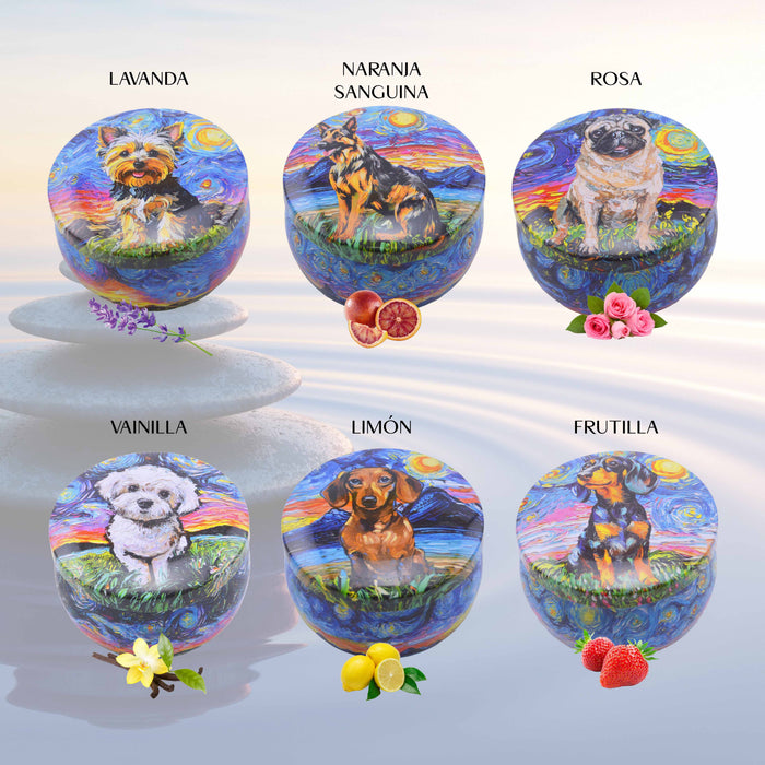 Velas aromaticas pintura perros metal