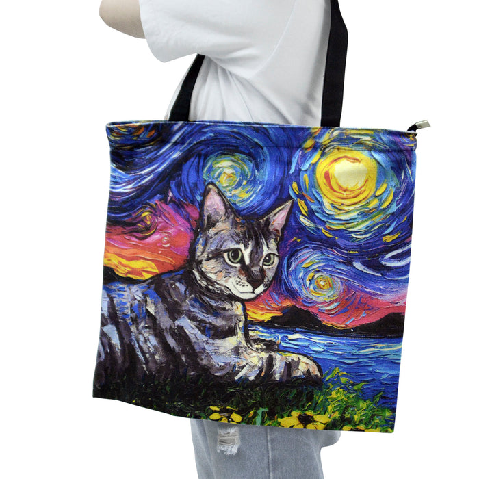 bolso cuadrado gato gris acostado arte pintura van gogh noche estrellada totebag modelo 3187-1