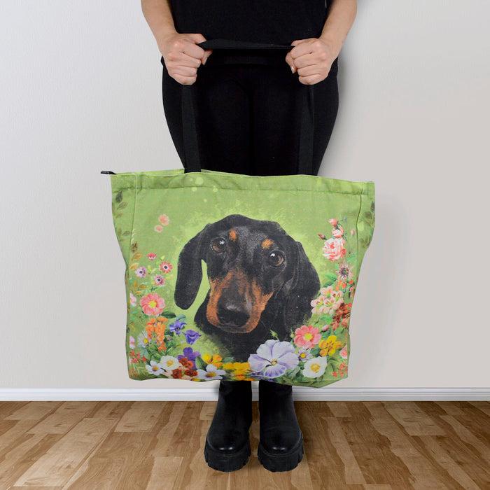 bolso ecologico rectangular perro salchicha negro floral flores modelo 3603_3
