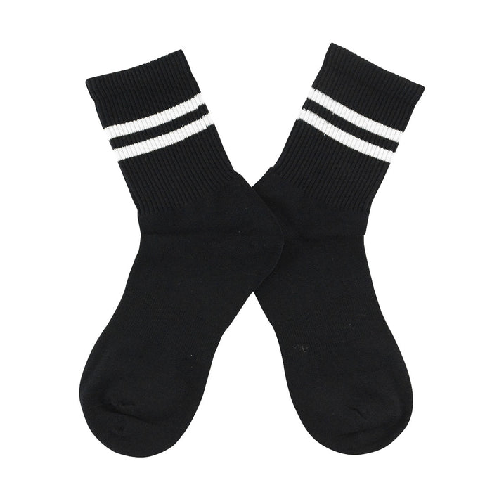 calcetin deportivo media caña pierna algodon negro rayas blancas 