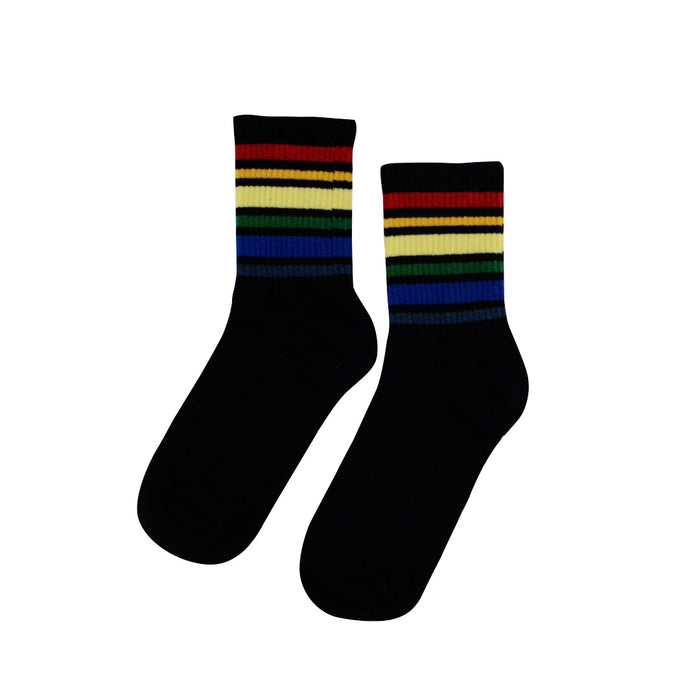 calcetines media pierna negro rayas colores arcoiris algodon 