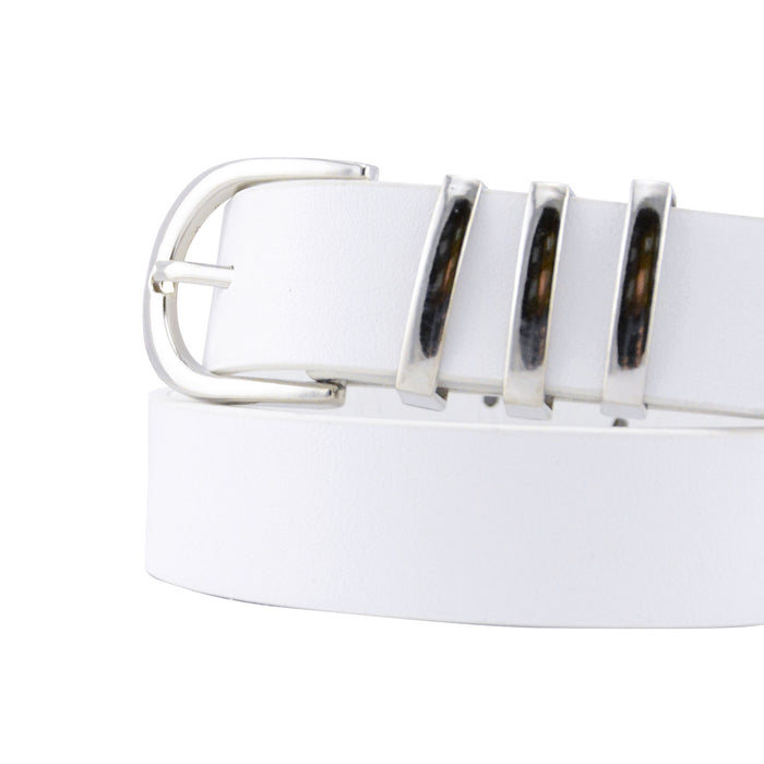 cinturon liso blanco sintetico hebilla plateada pasador metalico 