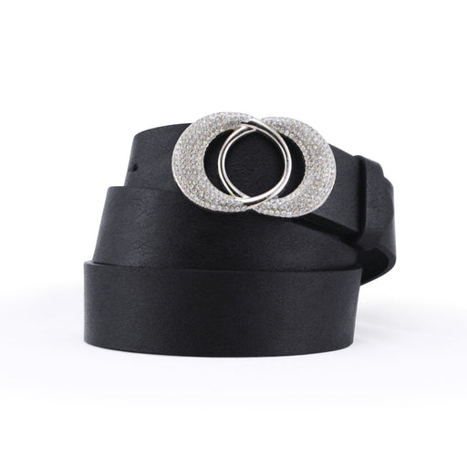 cinturon liso negro sintetico hebilla circular strass brillo correa 3196