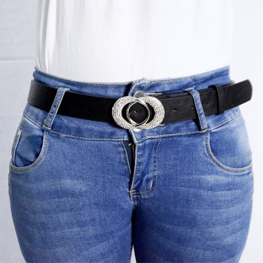 cinturon liso negro sintetico hebilla circular strass brillo modelo correa 3196