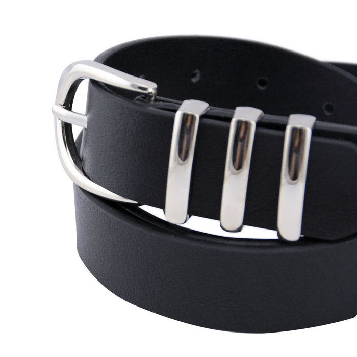 cinturon liso negro sintetico hebilla plateada pasador metalico