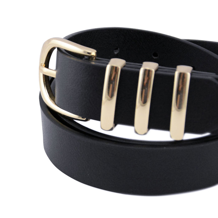 cinturon liso negro sintetico hebilla semicircular pasador metalico dorado 