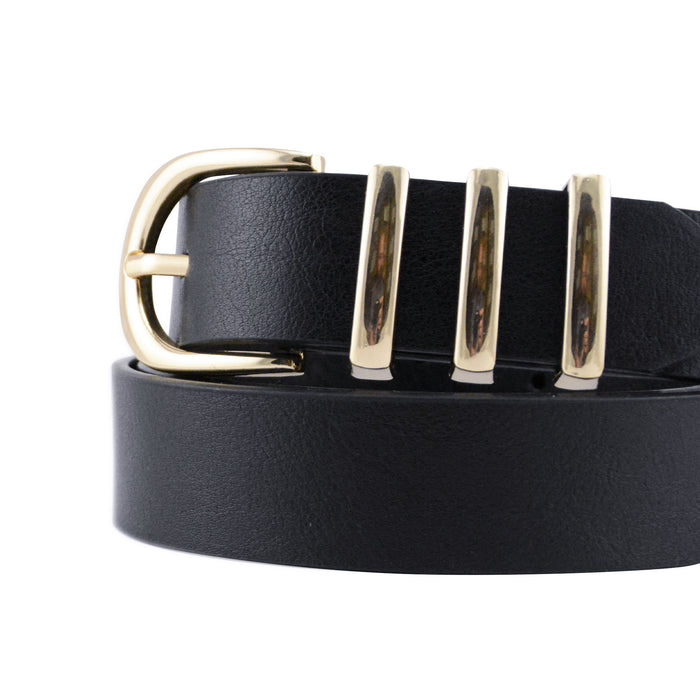 cinturon liso negro sintetico hebilla semicircular pasador metalico dorado 