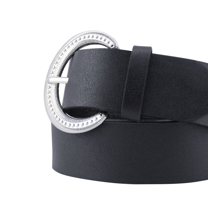 cinturon liso negro sintetico hebilla semicirculo plateado texturizado 