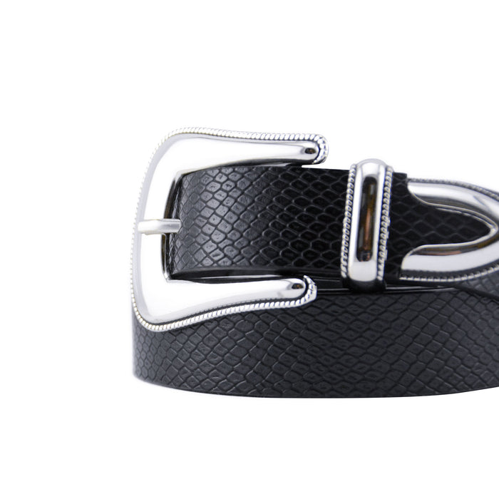 cinturon negro texturizado sintetico hebilla vaquera plateada pasador metalico 