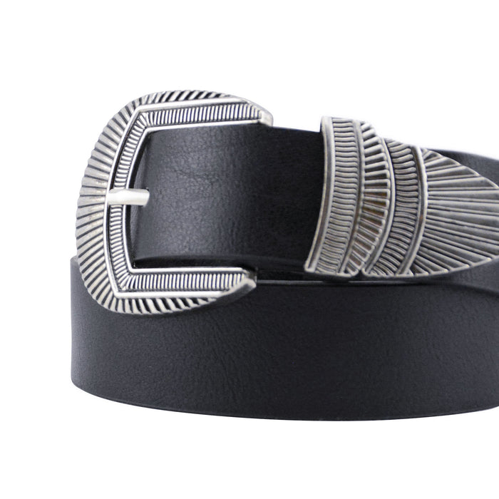 cinturon sintetico liso negro hebilla texturizada plateada punta pasador metalico 