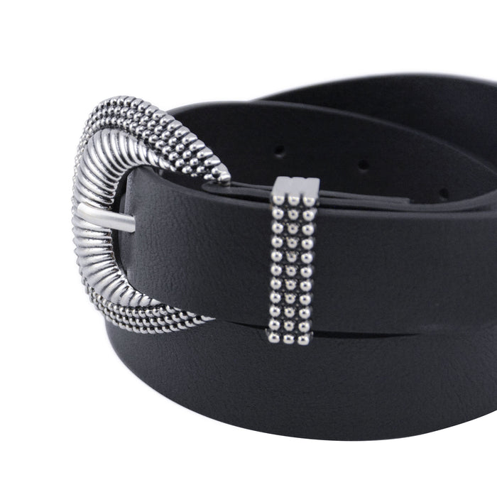 cinturon sintetico negro liso hebilla plateada concha pasador metalico 